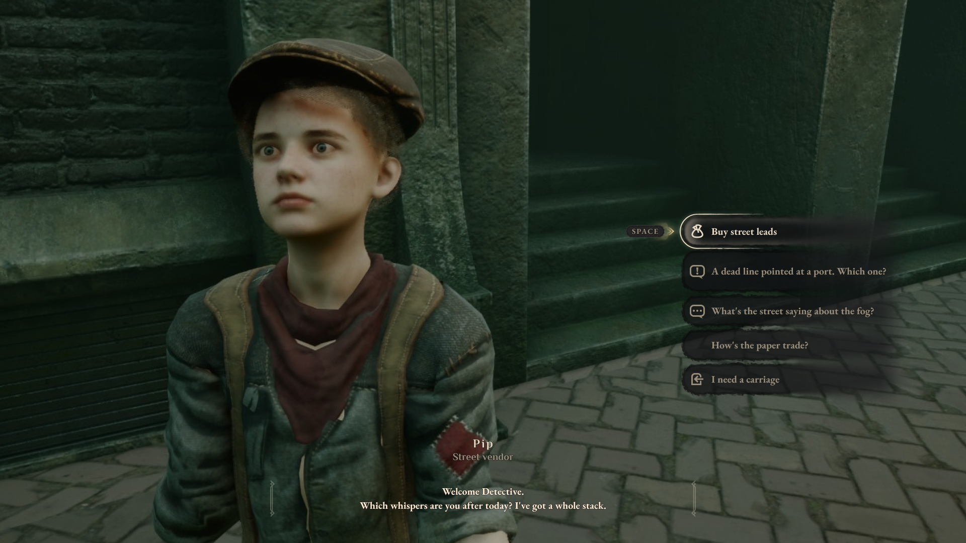 Dialogue with Pip — street leads and investigation options