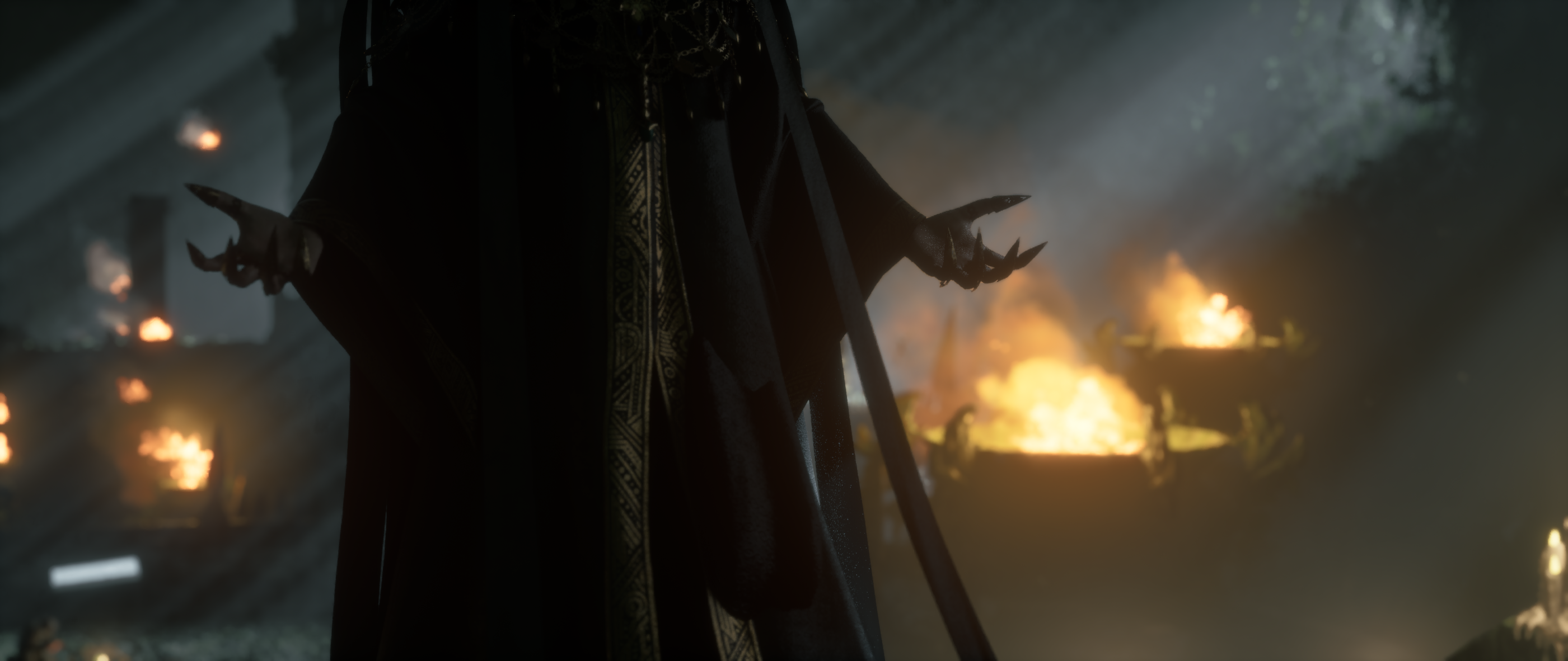 The Baroness in a dark dungeon — gold robe, clawed hands, firelight