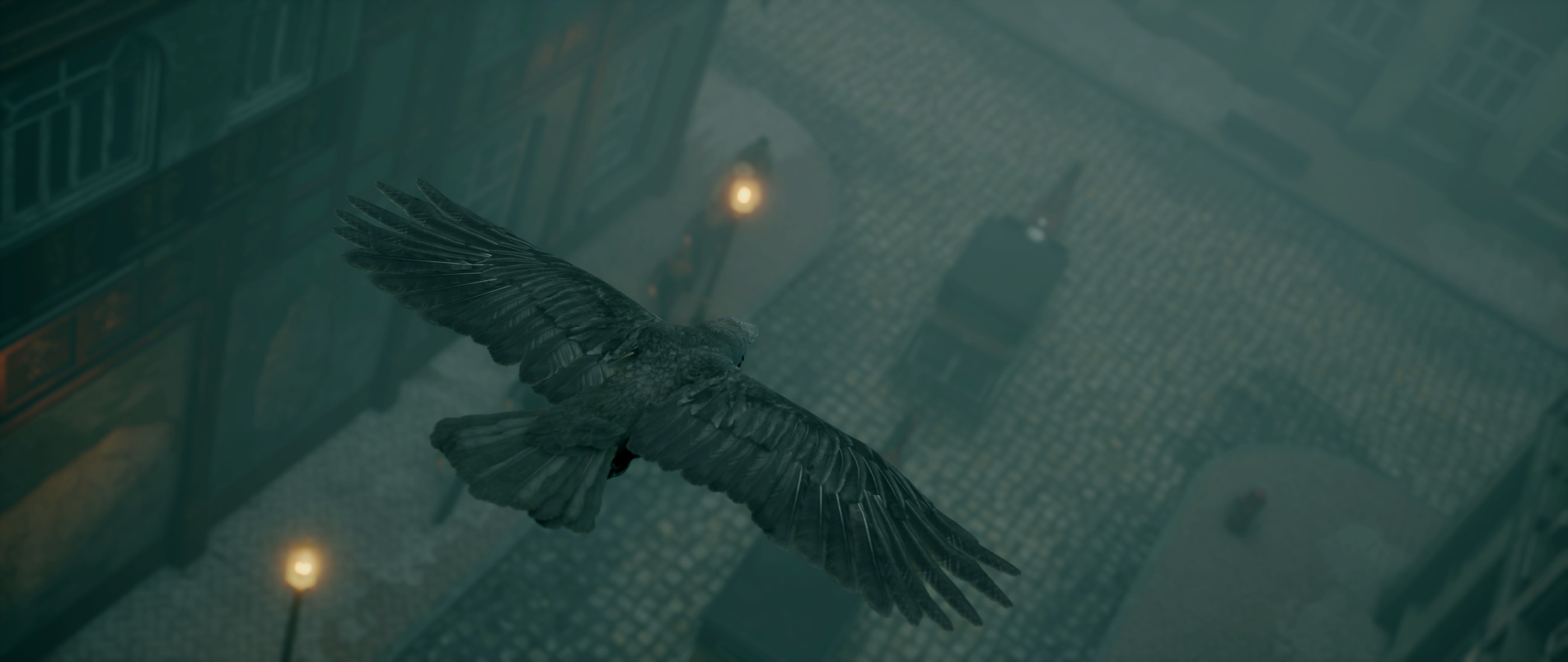 Crow over a foggy Victorian city street