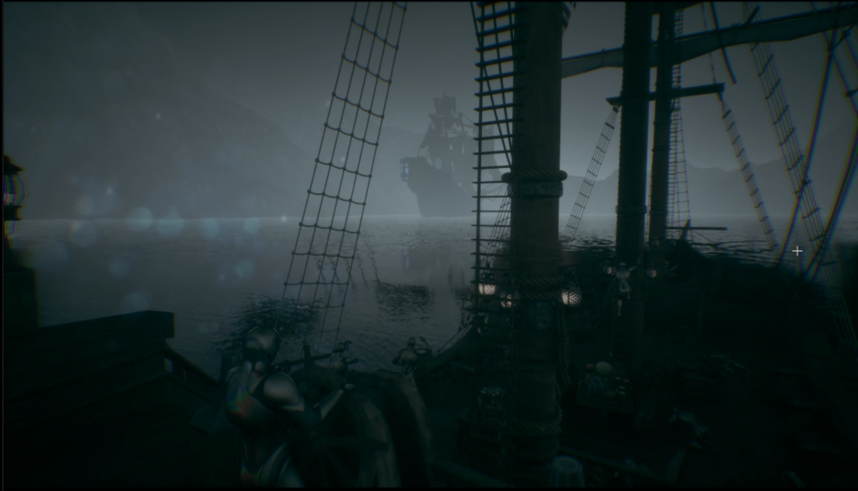 Fogbound ship deck at night